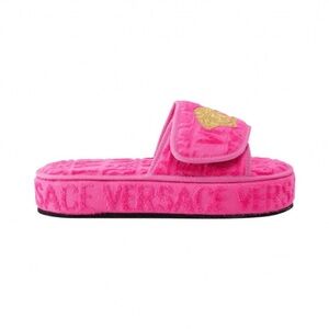 Versace Bright Pink Velvet Medusa Platform Slide with Gold Logo